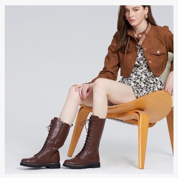 Rollda Combat Boots Mid-Calf  Lace Up Side Zipper Riding Boots Military Boots - Picture 3 of 8